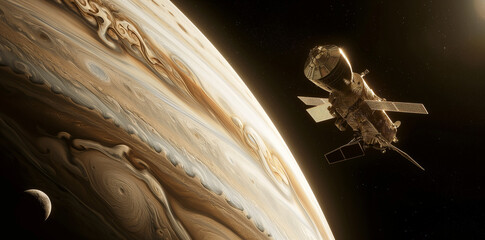 A satalite flying over planet Saturn 