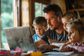 Father working at laptop with children at home