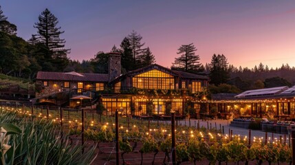 A rustic vineyard bathed in the warm glow of twilight, inviting wine enthusiasts to indulge in tastings and tours.