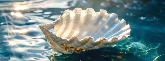Open Seashell on Water. Summer luxury lifestyle photo banner concept. Facebook cover banner. 