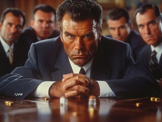 A man in a suit is sitting at a table with other men. He is wearing a tie and he is in a serious mood