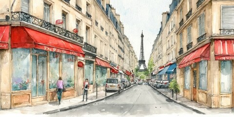 Fototapeta na wymiar Watercolor Illustration Of Paris Streets