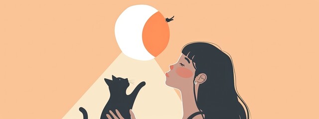 A young girl is playing with a cat. A flat illustration.