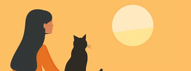 A young girl with a cat is sitting and watching the sunset in the sky. A flat illustration.