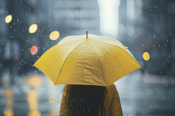 Back view of woman with yellow umbrella under rain in city