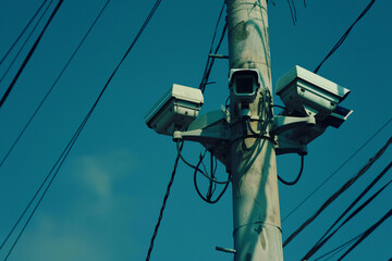 Close up of security cameras on the pole with copy space