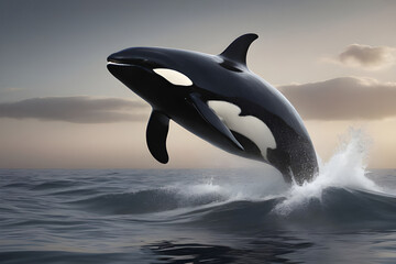 killer whale plays in the ocean waves on a sunny day. World Whale Day.