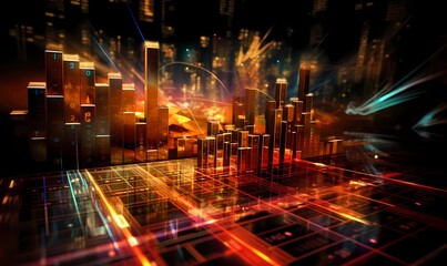 Futuristic 3d illustration of an exploding financial bar chart with dynamic lines and glowing effects