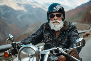 Old man biker in black leather jacket rides on motocycle