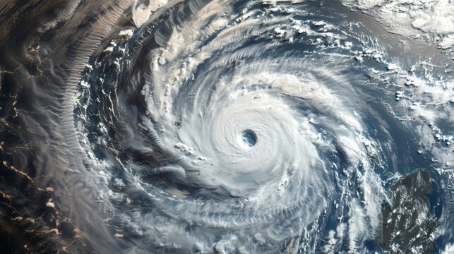 A satellite image of a massive cyclone swirling over a vast expanse of ocean, with a well-defined eye at its center and spiral bands of clouds extending outward.