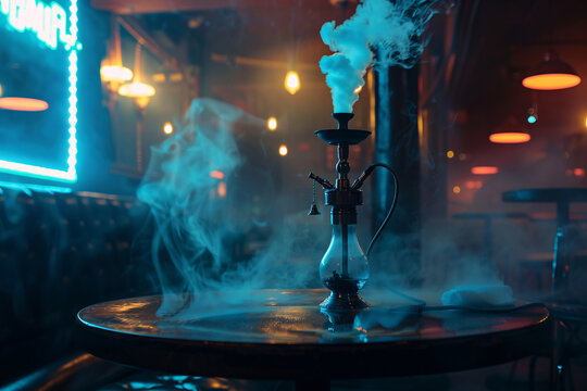 Hookah on wooden table in lounge with smoke