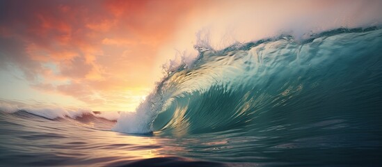 A gentle wave in the ocean under the sunset sky - obrazy, fototapety, plakaty