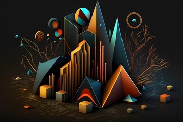 Abstract 3d illustration of a colorful graph chart landscape with geometric shapes on a dark background