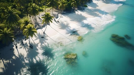 Tropical island with palm trees and blue lagoon. Panoramic view.