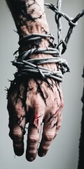 suffering Slavery. Limitation. old blood hands, wrapped in barbed wire, Hands in chains