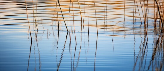 A body of water showing close-up view with reeds in the water