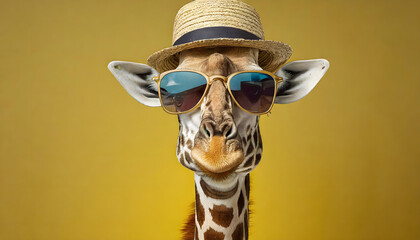 Giraffe with sunglasses and hat on yellow background. Wildlife animal wallpaper.