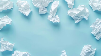 Fototapeta premium White crumpled paper textures contrasted against a soft pastel blue background, symbolizing themes of stress, creativity, and the brainstorming process