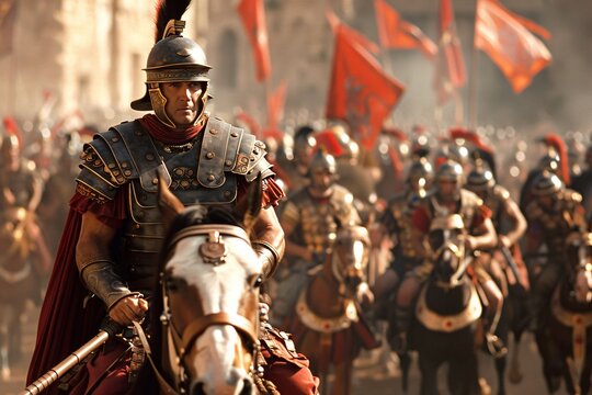 Roman general in armor riding on horseback 