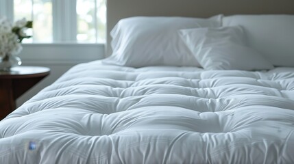 Close-up of crisp white mattress protector on tidy bed for enhanced search results