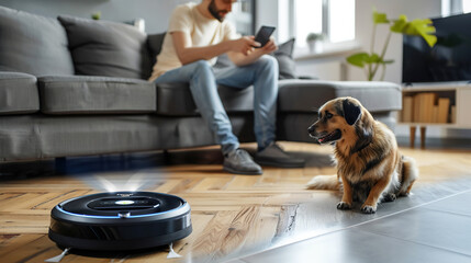 A young man sits on the sofa with his pet dog and configures operation of an autonomous robot vacuum cleaner from his phone. Smart home system in everyday use, cleaning and cleanliness