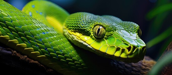 Obraz premium A green snake with a yellow stripe on the face