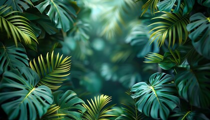 Fototapeta na wymiar A vibrant background with tropical leaves framing the edges.