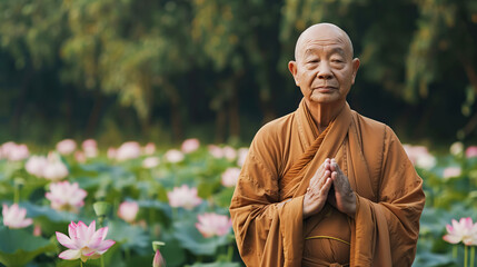 Portrait of senior monk against the backdrop of a pond with pink lotuses. Peaceful reflection and spirituality. Religion, traditional eastern meditation, prayer, spiritual practice