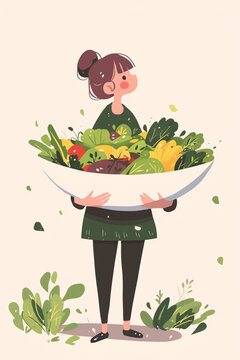 Beautiful woman holding a bowl of salad, healthy diet, Generative Ai