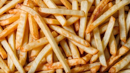 Heap of yummy french fries as textured food background. Top view, full frame. AI generated