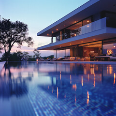 Modern House with Infinity Pool at Dusk
