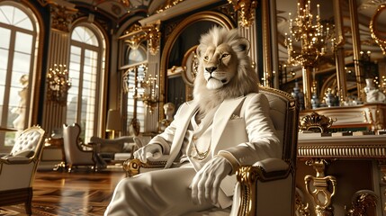 Stylish white lion hosting an exclusive fashion show in an art deco gallery radiating charm and authority - obrazy, fototapety, plakaty