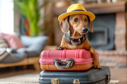 Photo of a dachshund in a straw hat sitting on travel suitcases in a modern apartment, vacation and travel concept