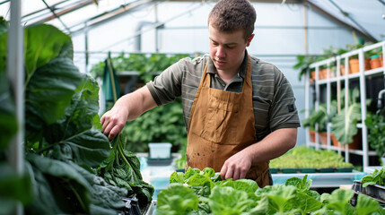 An adult man in a work apron, a farmer, a gardener, cares for lettuce leaves in a greenhouse. Growing organic food without pesticides, small business, farming