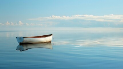 A serene seascape with a lone rowboat drifting peacefully on the glassy surface of the ocean,...