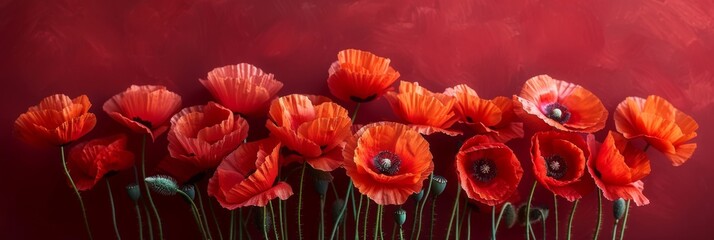 Red poppy flowers on red background