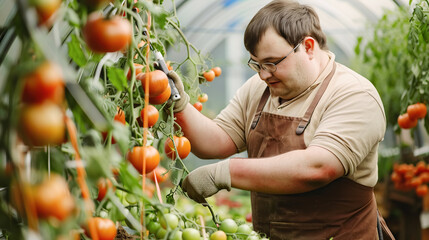 Cheerful gardener with Down syndrome in a cap and overalls surrounded by bright plants in a greenhouse. Inclusion, work and education of special people with disabilities