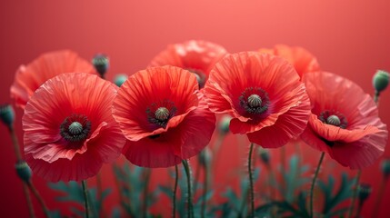 Red poppy flowers on red background - obrazy, fototapety, plakaty