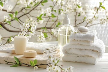 Fototapeta na wymiar Tranquil spa bathroom toiletries, soap, and towel on soft white background for relaxing ambiance