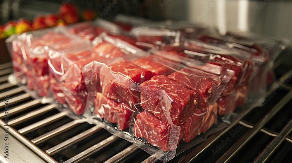 Wall mural packaging red meat, showing the bags being tightly sealed in clear plastic wrap