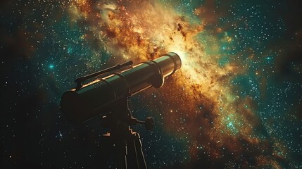 Telescope in the foreground, with a backdrop of the night sky filled with twinkling stars - obrazy, fototapety, plakaty