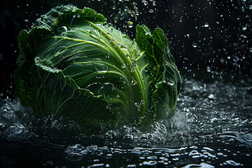 A head of cabbage being gently splashed with water against a dark background in a close up, Generative AI - obrazy, fototapety, plakaty
