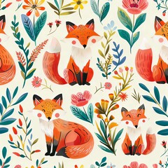 Lovely, pretty pattern of foxes and flowers, leaves. For fabric, silk, printing.