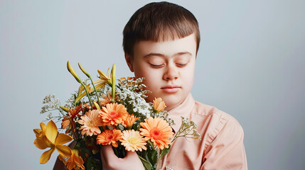 A young man with Down syndrome tenderly holds a colorful bouquet, demonstrating a moment of serene connection with nature. Inclusion, health and education of young people