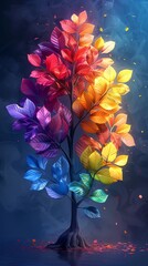 Obraz na płótnie Canvas A 3D cartoon tree with rainbowcolored leaves, symbolizing diversity and inclusion, isolated on a vibrant aqua background