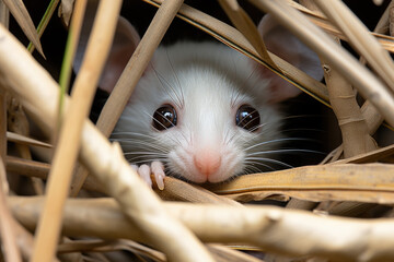 white mouse is peeking out from between some dry grass