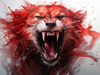 ferocious wolf with an open mouth and bared teeth on a white background with red splashes