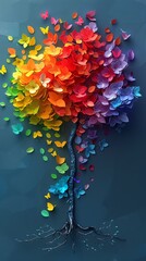 A 3D cartoon tree with rainbowcolored leaves, symbolizing diversity and inclusion, isolated on a vibrant aqua background - obrazy, fototapety, plakaty