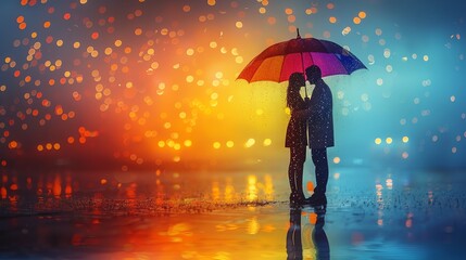 A cartoon couple, both in 3D, enjoying a romantic moment under a large rainbowcolored umbrella