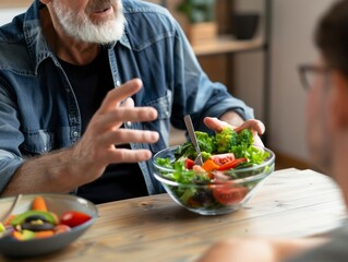 A photo of an elderly man discussing his dietary needs with a dietitian, green nutrition suggests a meal plan